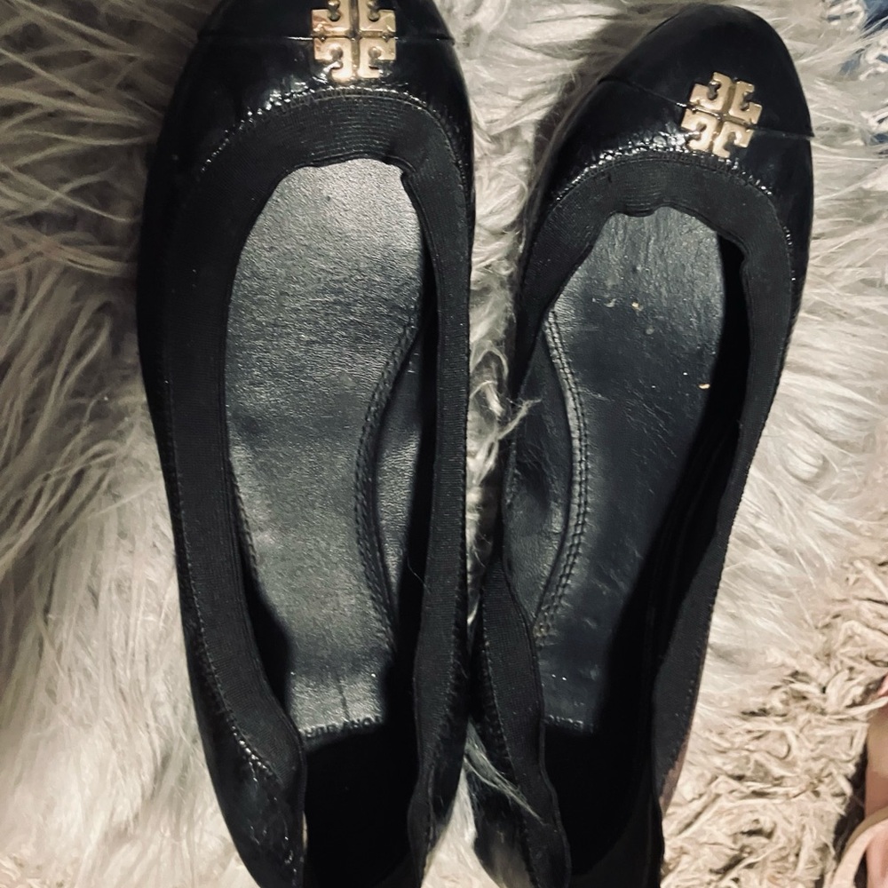 Tory Burch Black Flats with Gold Emblem